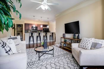 A living room and kitchen with a couch and a tv